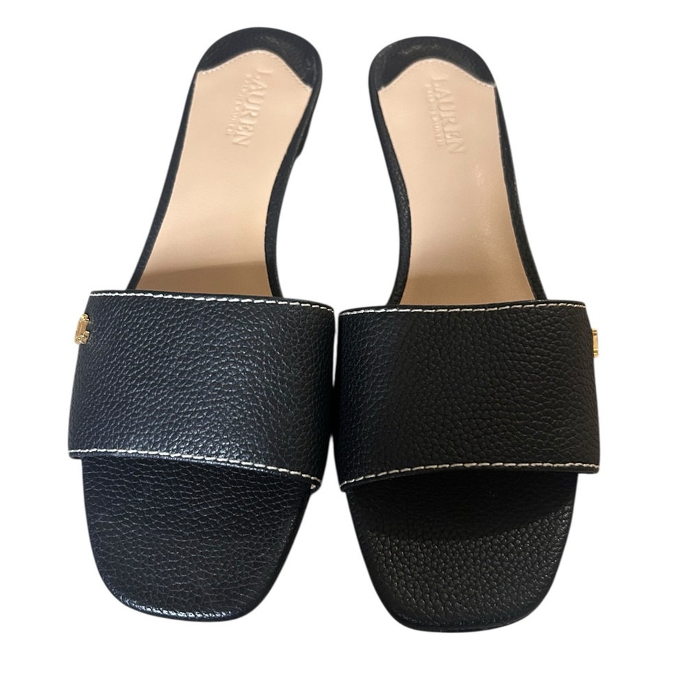 NWT | Lauren Ralph Lauren Fay Black Tumbled Leather Slide Sandals 6.5